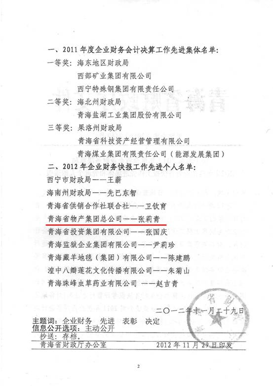 物產(chǎn)集團(tuán)榮獲2011年度財(cái)務(wù)決算先進(jìn)單位、2012年度財(cái)務(wù)快報(bào)工作先進(jìn)個(gè)人表彰
